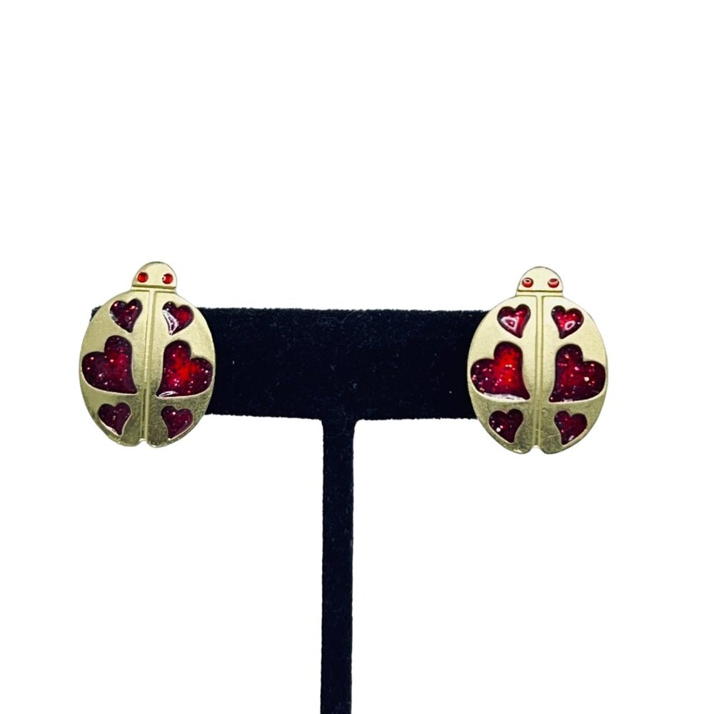 Vintage Gold Tone Beetle With Red Enamel Hearts Clip On Earrings (5484)